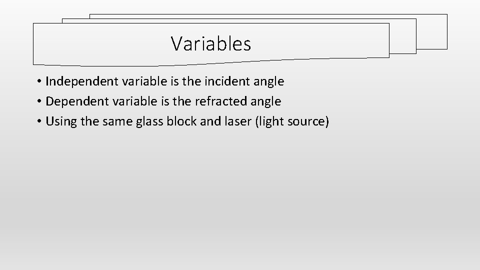 Variables • Independent variable is the incident angle • Dependent variable is the refracted