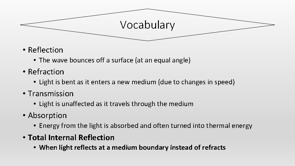Vocabulary • Reflection • The wave bounces off a surface (at an equal angle)