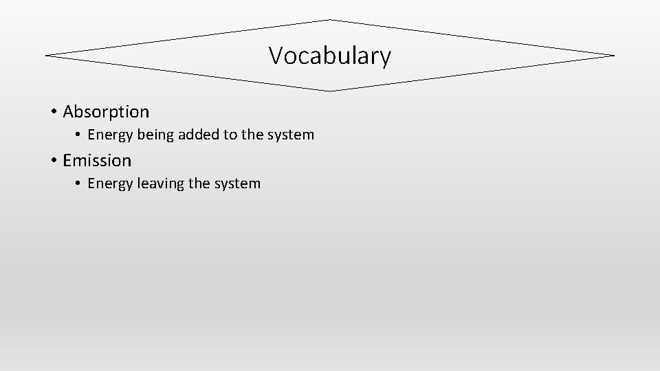 Vocabulary • Absorption • Energy being added to the system • Emission • Energy