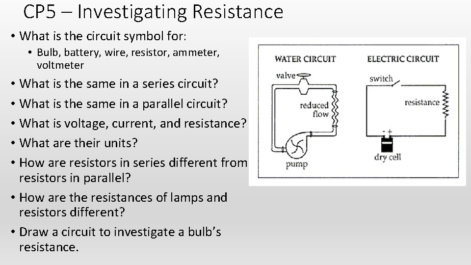 CP 5 – Investigating Resistance • What is the circuit symbol for: • Bulb,