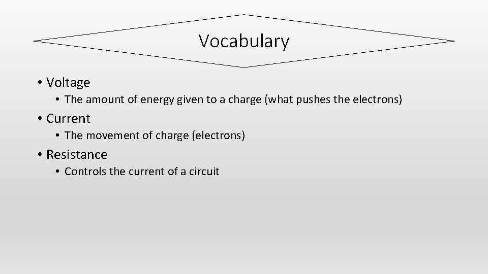 Vocabulary • Voltage • The amount of energy given to a charge (what pushes