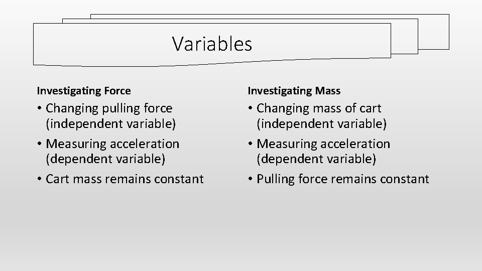 Variables Investigating Force Investigating Mass • Changing pulling force (independent variable) • Measuring acceleration
