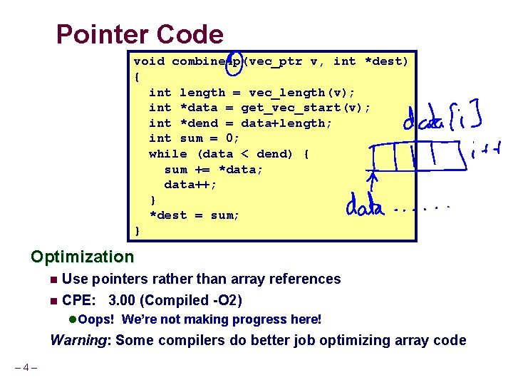 Pointer Code void combine 4 p(vec_ptr v, int *dest) { int length = vec_length(v);