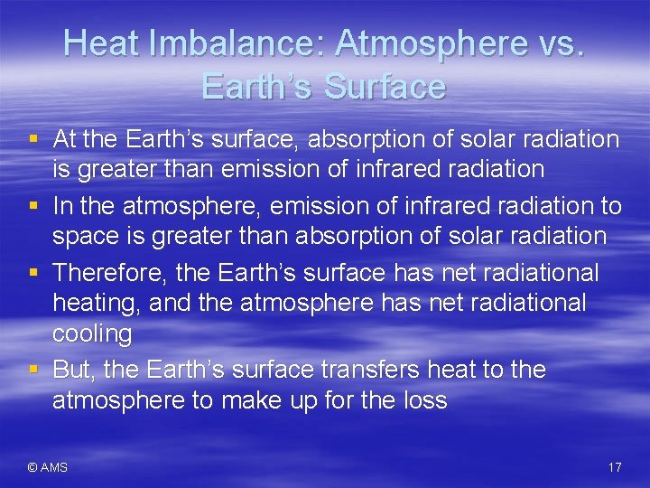 Heat Imbalance: Atmosphere vs. Earth’s Surface § At the Earth’s surface, absorption of solar