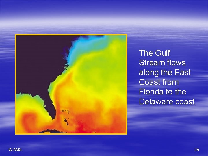 The Gulf Stream flows along the East Coast from Florida to the Delaware coast