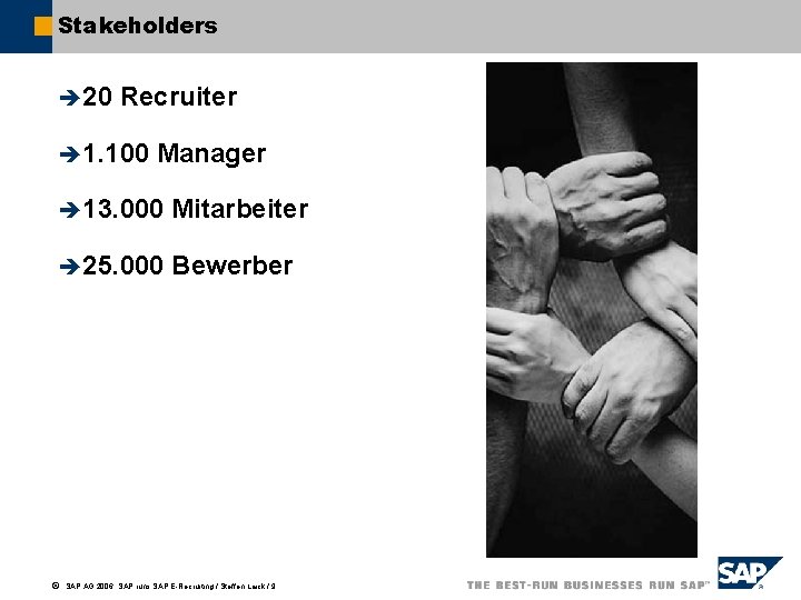 Stakeholders è 20 Recruiter è 1. 100 Manager è 13. 000 Mitarbeiter è 25.