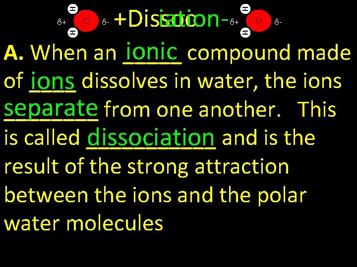 H H +Dissoc iationionic compound made A. When an _____ of ____ ions dissolves