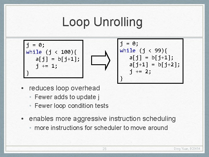 Loop Unrolling j = 0; while (j < 99){ a[j] = b[j+1]; a[j+1] =