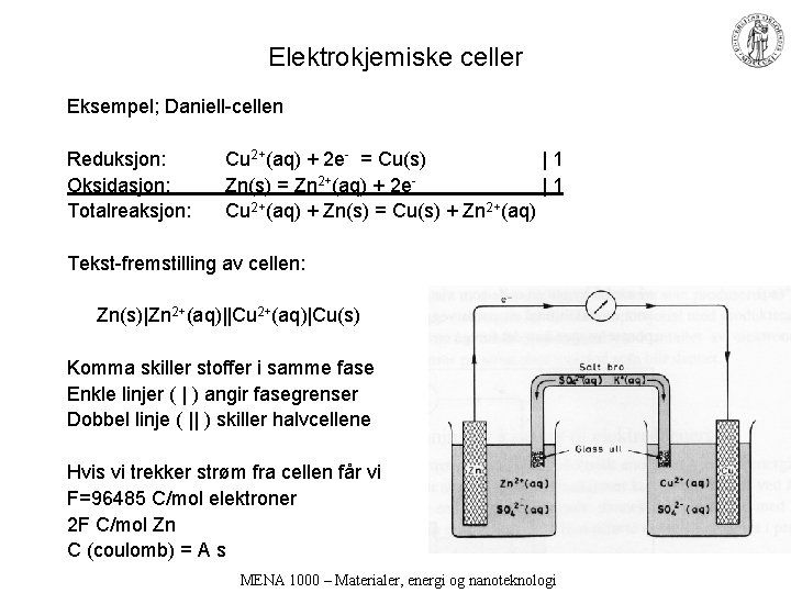 Elektrokjemiske celler Eksempel; Daniell-cellen Reduksjon: Oksidasjon: Totalreaksjon: Cu 2+(aq) + 2 e- = Cu(s)