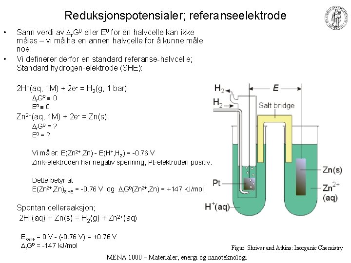 Reduksjonspotensialer; referanseelektrode • • Sann verdi av r. G 0 eller E 0 for