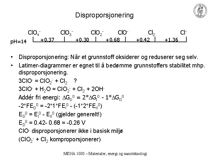 Disproporsjonering Cl. O 4 p. H=14 +0. 37 Cl. O 3 - +0. 30