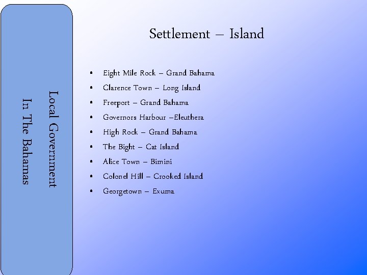 Settlement – Island Local Government In The Bahamas • • • Eight Mile Rock
