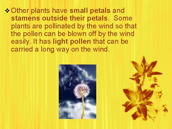 v Other plants have small petals and stamens outside their petals. Some plants are