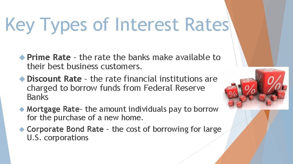 Key Types of Interest Rates Prime Rate – the rate the banks make available