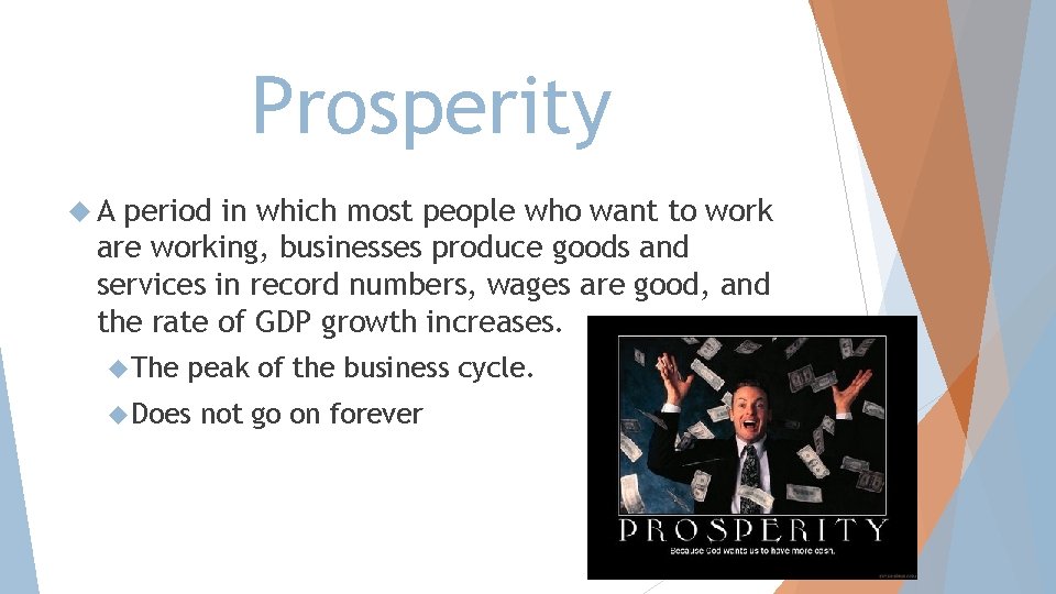 Prosperity A period in which most people who want to work are working, businesses