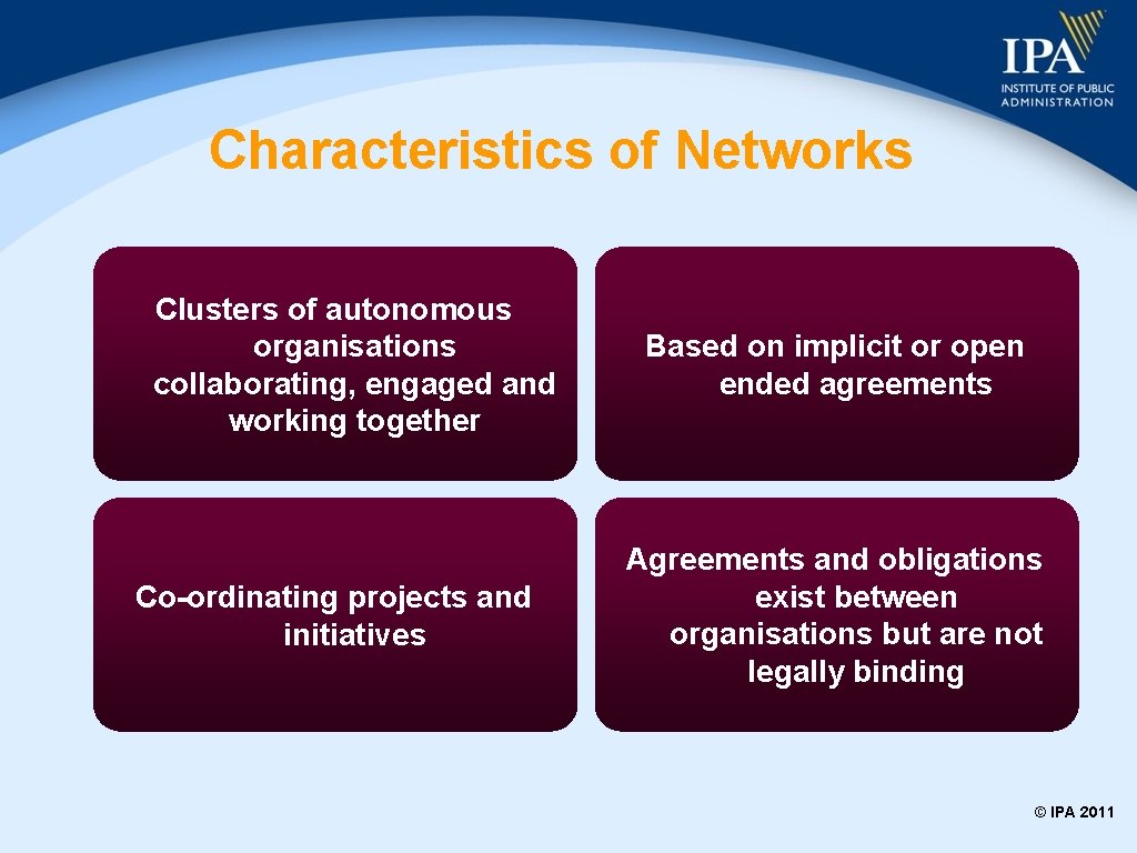 Characteristics of Networks Clusters of autonomous organisations collaborating, engaged and working together Co-ordinating projects