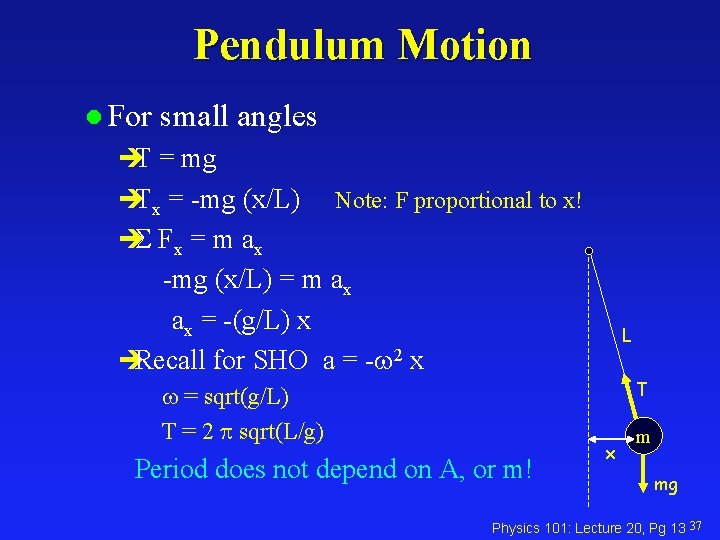 Pendulum Motion l For small angles èT = mg èTx = -mg (x/L) Note: