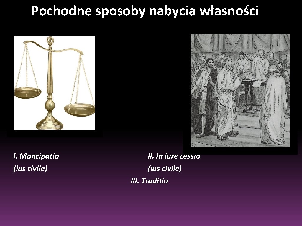 Pochodne sposoby nabycia własności I. Mancipatio II. In iure cessio (ius civile) III. Traditio