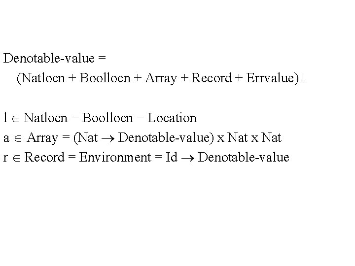 Denotable value = (Natlocn + Boollocn + Array + Record + Errvalue) l Natlocn