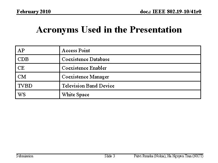 February 2010 doc. : IEEE 802. 19 -10/41 r 0 Acronyms Used in the