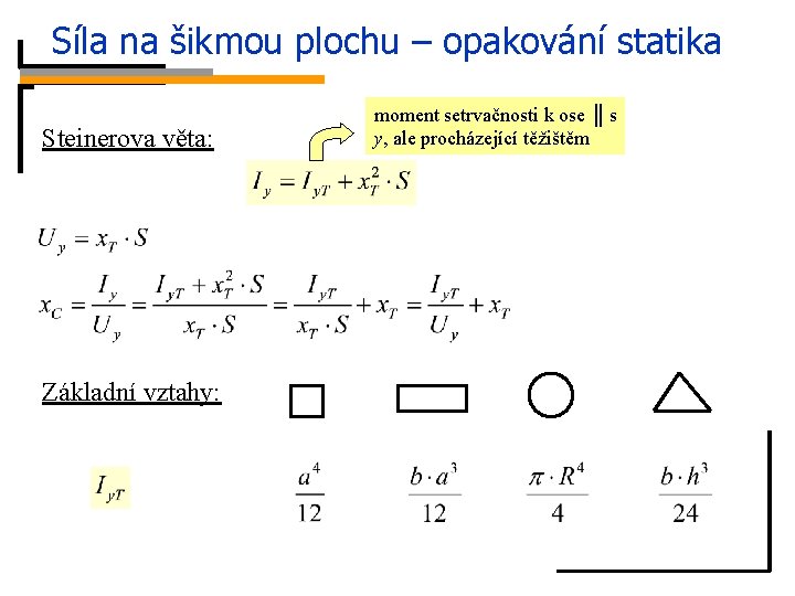 Síla na šikmou plochu – opakování statika Centrum tlakové síly „C“ Steinerova věta: moment