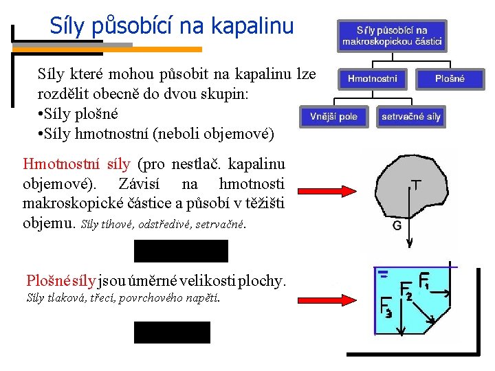 Síly působící na kapalinu Síly které mohou působit na kapalinu lze rozdělit obecně do