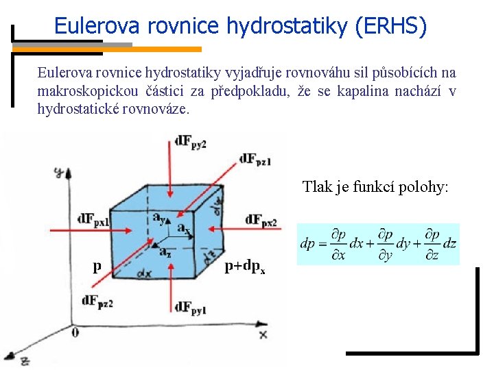 Eulerova rovnice hydrostatiky (ERHS) Eulerova rovnice hydrostatiky vyjadřuje rovnováhu sil působících na makroskopickou částici