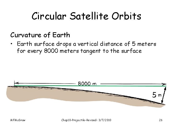Circular Satellite Orbits Curvature of Earth • Earth surface drops a vertical distance of