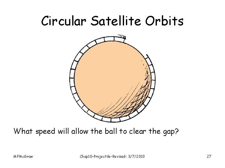 Circular Satellite Orbits What speed will allow the ball to clear the gap? MFMc.