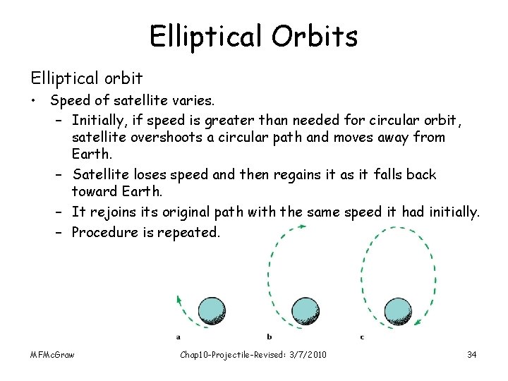 Elliptical Orbits Elliptical orbit • Speed of satellite varies. – Initially, if speed is