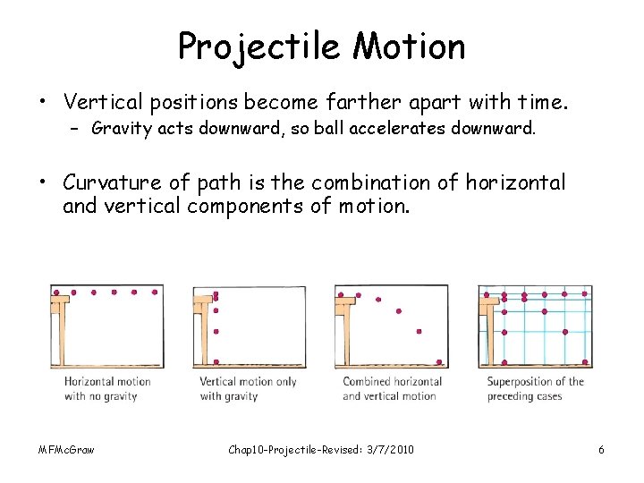 Projectile Motion • Vertical positions become farther apart with time. – Gravity acts downward,