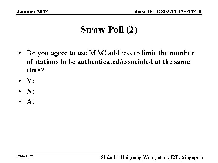 January 2012 doc. : IEEE 802. 11 -12/0112 r 0 Straw Poll (2) •