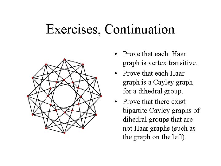 Exercises, Continuation • Prove that each Haar graph is vertex transitive. • Prove that