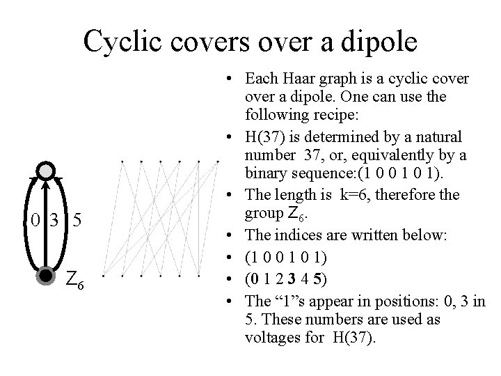 Cyclic covers over a dipole 0 3 5 Z 6 • Each Haar graph