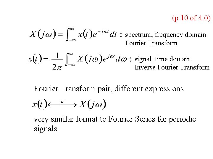 (p. 10 of 4. 0) spectrum, frequency domain Fourier Transform signal, time domain Inverse