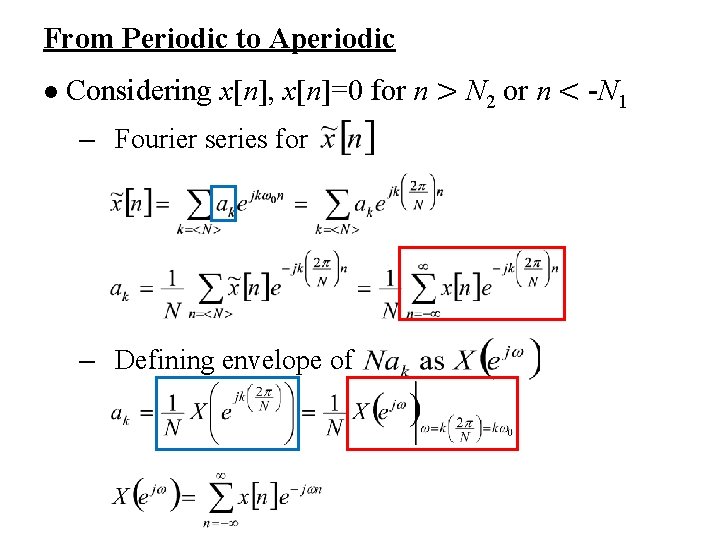 From Periodic to Aperiodic l Considering x[n], x[n]=0 for n > N 2 or