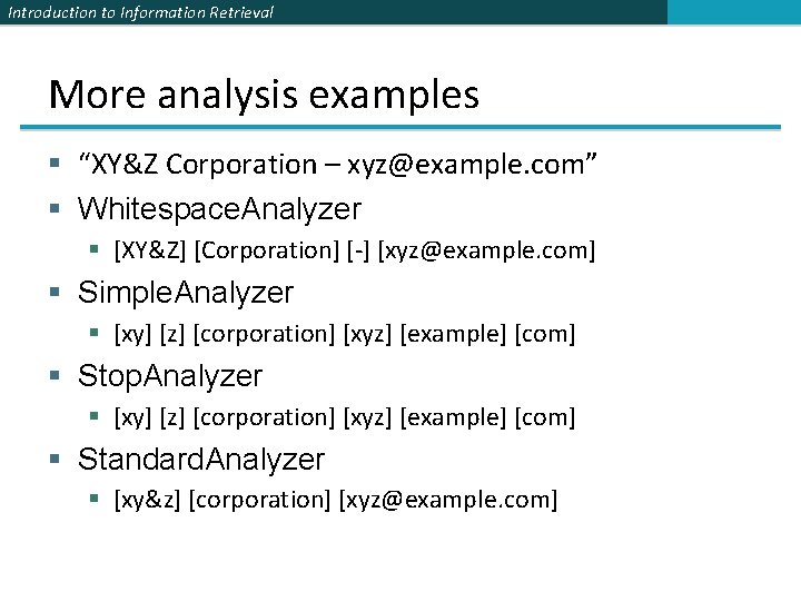 Introduction to Information Retrieval More analysis examples § “XY&Z Corporation – xyz@example. com” §
