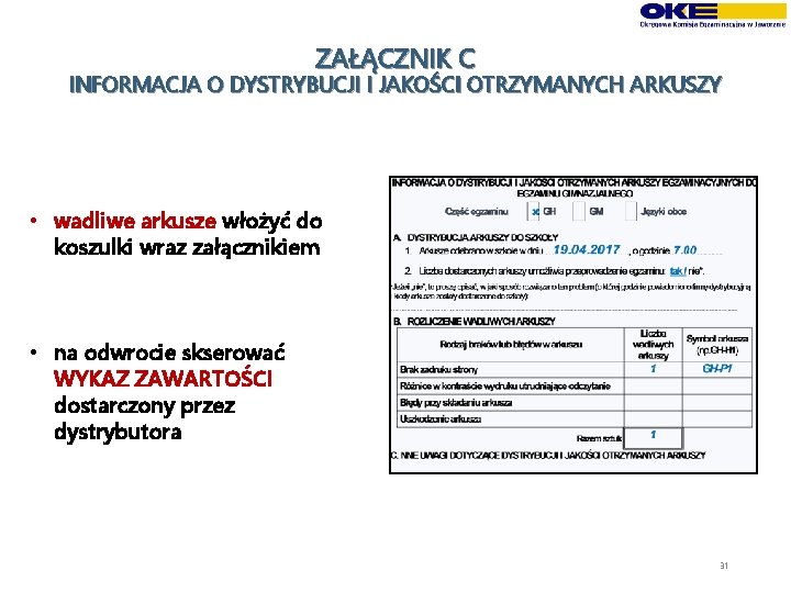 ZAŁĄCZNIK C INFORMACJA O DYSTRYBUCJI I JAKOŚCI OTRZYMANYCH ARKUSZY • wadliwe arkusze włożyć do