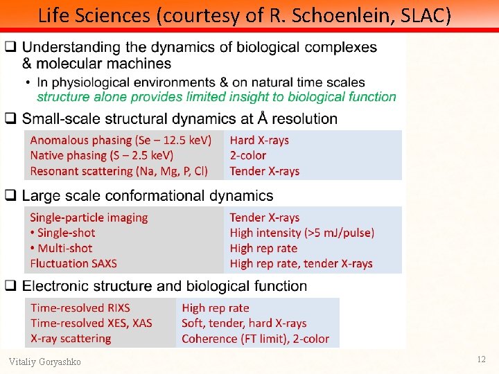 Life Sciences (courtesy of R. Schoenlein, SLAC) Vitaliy Goryashko 12 