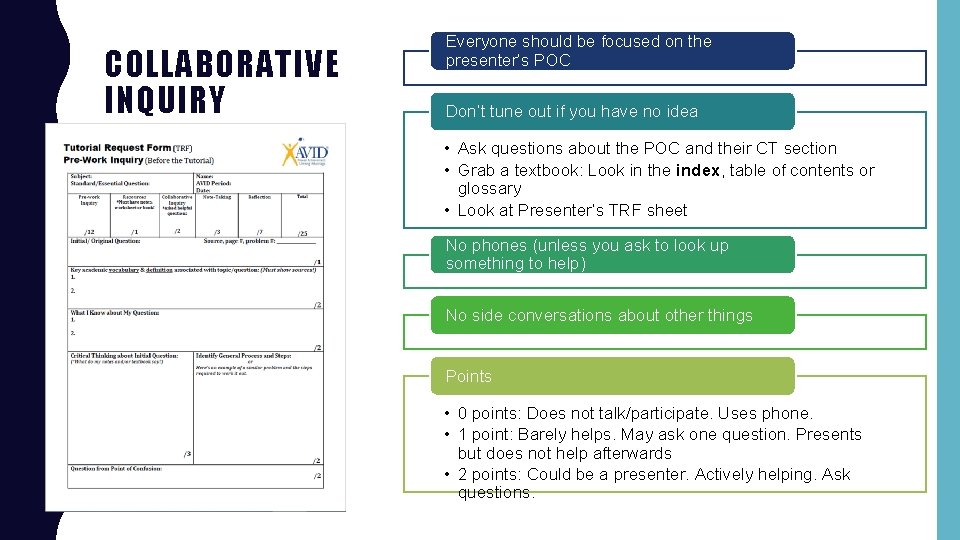 COLLABORATIVE INQUIRY Everyone should be focused on the presenter’s POC Don’t tune out if