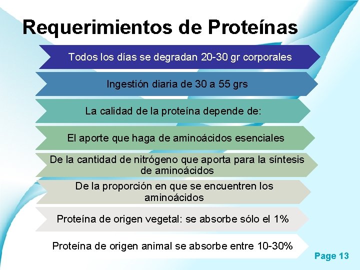Requerimientos de Proteínas Todos los días se degradan 20 -30 gr corporales Ingestión diaria