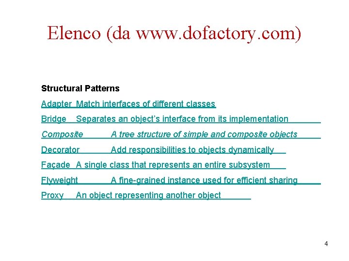 Elenco (da www. dofactory. com) Structural Patterns Adapter Match interfaces of different classes Bridge