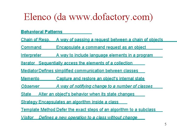 Elenco (da www. dofactory. com) Behavioral Patterns Chain of Resp. A way of passing