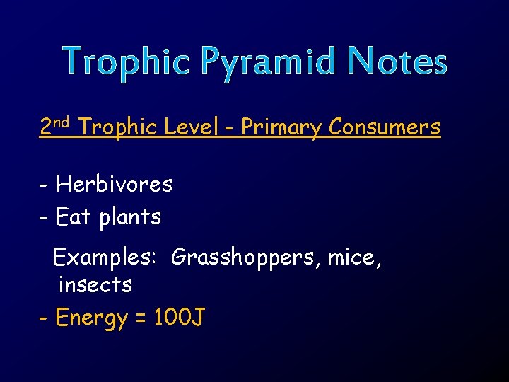 Trophic Pyramid Notes 2 nd Trophic Level - Primary Consumers - Herbivores - Eat