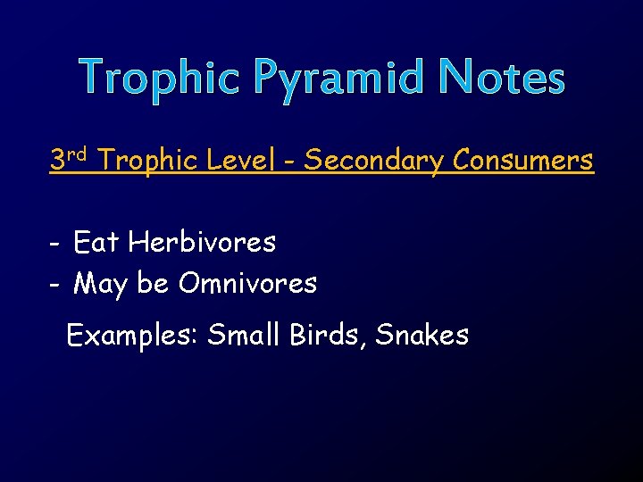 Trophic Pyramid Notes 3 rd Trophic Level - Secondary Consumers - Eat Herbivores -