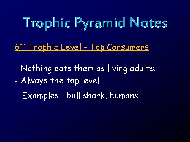 Trophic Pyramid Notes 6 th Trophic Level - Top Consumers - Nothing eats them