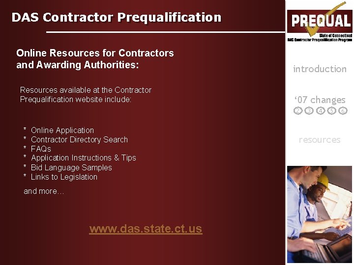 DAS Contractor Prequalification Online Resources for Contractors and Awarding Authorities: Resources available at the