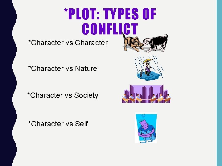 *PLOT: TYPES OF CONFLICT *Character vs Character *Character vs Nature *Character vs Society *Character