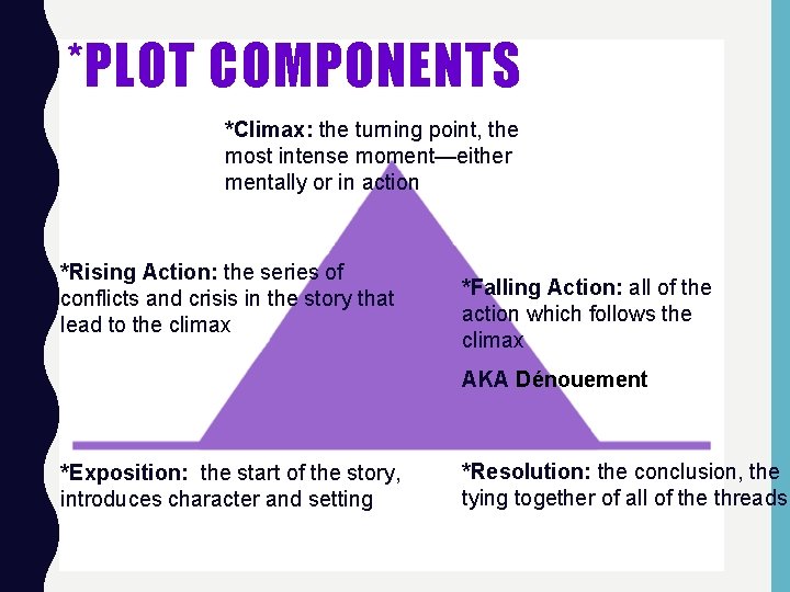 *PLOT COMPONENTS *Climax: the turning point, the most intense moment—either mentally or in action