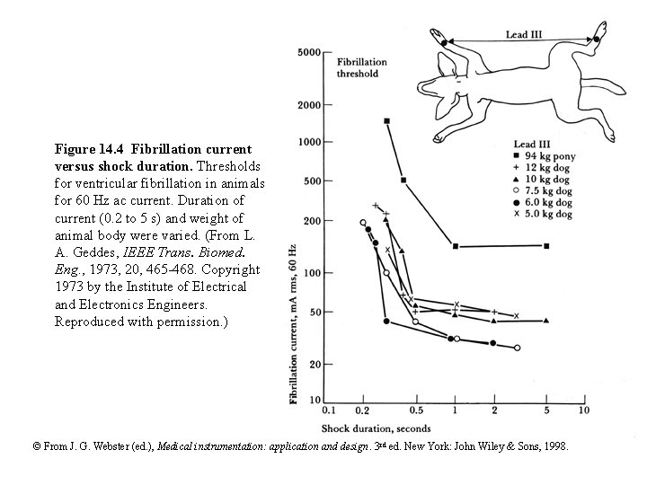 Figure 14. 4 Fibrillation current versus shock duration. Thresholds for ventricular fibrillation in animals
